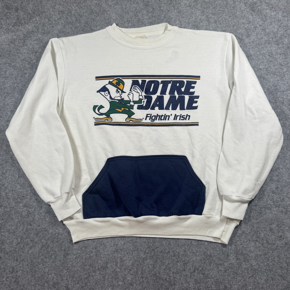 Vintage Notre Dame Fighting Irish Sweatshirt Medium White Blue Leprechaun Pocket